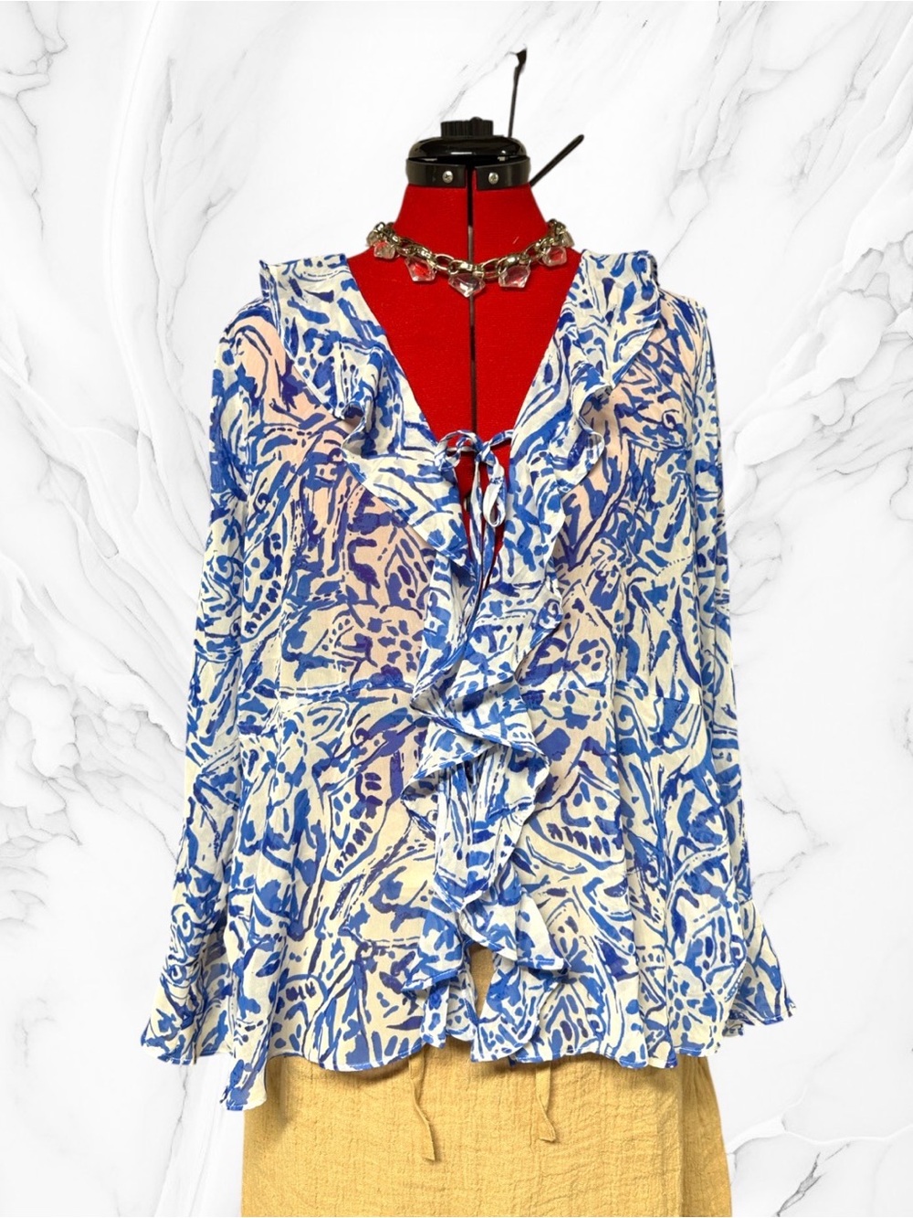 IMAN Blue and White Ruffled Tie front Blouse printed size medium